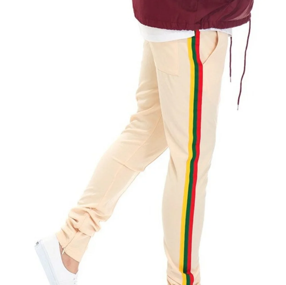 Men's Cream Jogger Pants with Red-Green-Yellow Side Stripes